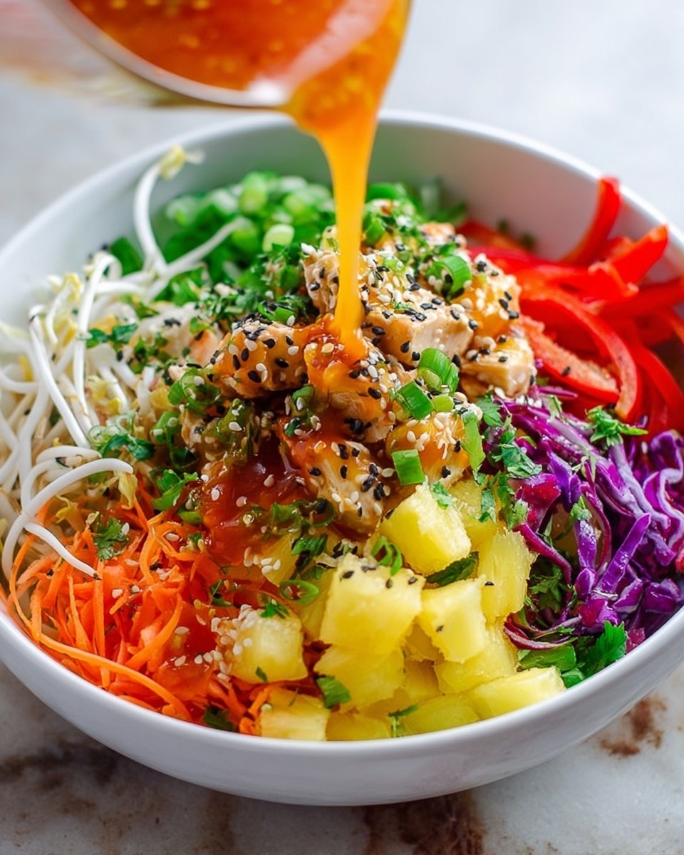 A white bowl filled with seven layers seen from above and close up, starting from the left are light white bean sprouts, orange shredded carrots, yellow pineapple pieces, red sliced bell peppers, purple shredded cabbage, and light green chopped scallions sprinkled all over. At the center, golden brown sesame chicken pieces topped with black and white sesame seeds and chopped scallions rest while an orange sauce is poured from a glass jar onto the chicken. The bowl is placed on a wooden surface with a red chili pepper in front. photo taken with an iphone --ar 4:5 --v 7
