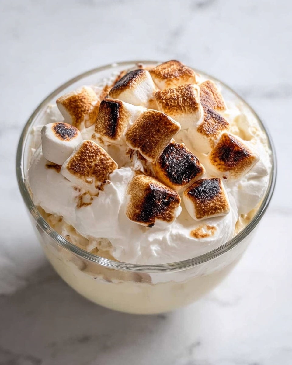A clear glass bowl filled with a creamy white mixture at the base, topped with a thick layer of fluffy white whipped cream, and finished with a generous pile of toasted marshmallows that are golden brown with some darker charred spots, creating a mix of smooth and crunchy textures. The bowl is placed on a white marbled surface. photo taken with an iphone --ar 4:5 --v 7