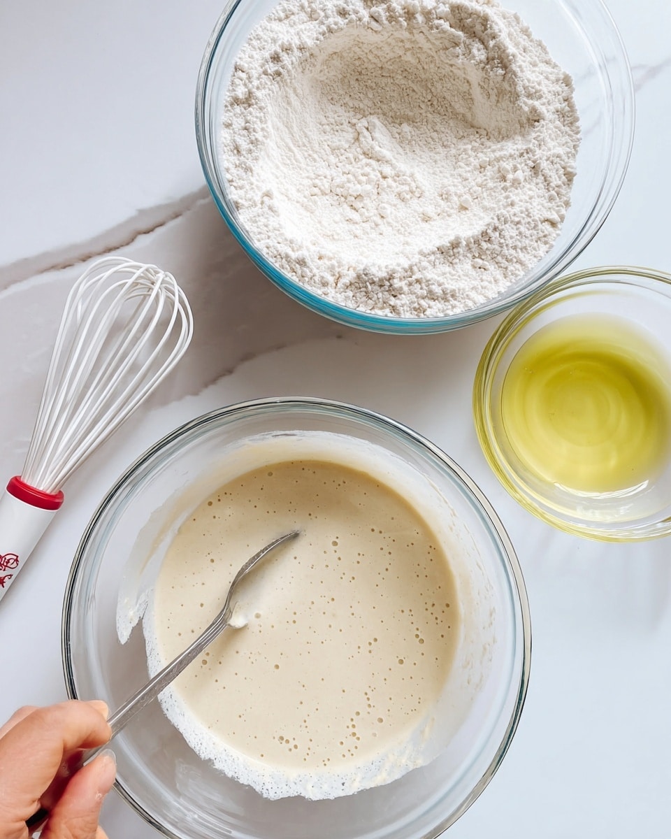 The image shows three clear glass bowls on a white marbled surface. The biggest bowl at the bottom center contains a creamy beige liquid batter with some bubbles on the surface, being mixed with a spoon held by a woman's hand. To the left, a medium glass bowl is filled with white flour, and a white whisk rests inside it. On the right, a small glass bowl holds a pale yellow clear liquid, likely egg whites or oil. The bowls are arranged close together, capturing a clean and bright baking preparation setting. Photo taken with an iphone --ar 4:5 --v 7