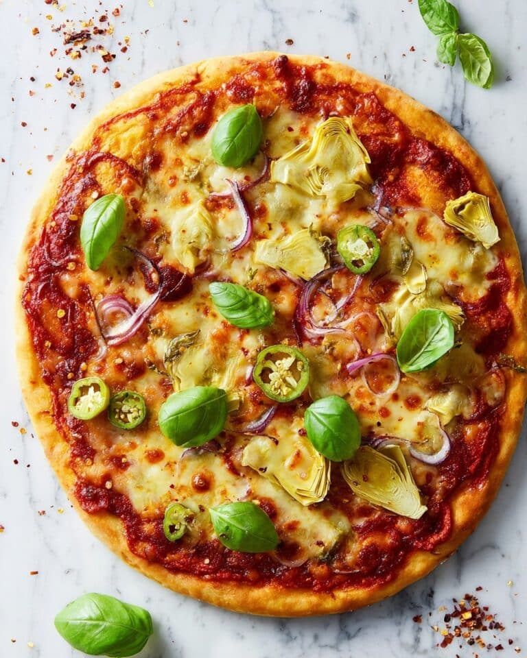 Vegetarian Pizza with Roasted Red Peppers, Artichokes, Onions, and Basil Recipe