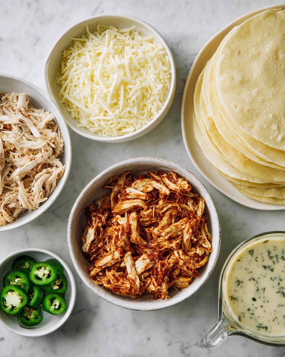 A collection of white bowls on a white marbled surface, each holding different ingredients: one bowl contains shredded cooked chicken with a reddish-brown color, showing a textured and moist appearance; another bowl is filled with shredded white cheese, soft and stringy; a large plate holds a stack of small pale yellow tortillas arranged side by side in a fan shape; a smaller bowl has thinly sliced green jalapeño peppers, bright and fresh; and a clear glass measuring cup contains a creamy, thick sauce with visible herbs, a light beige color with specks of green. photo taken with an iphone --ar 4:5 --v 7