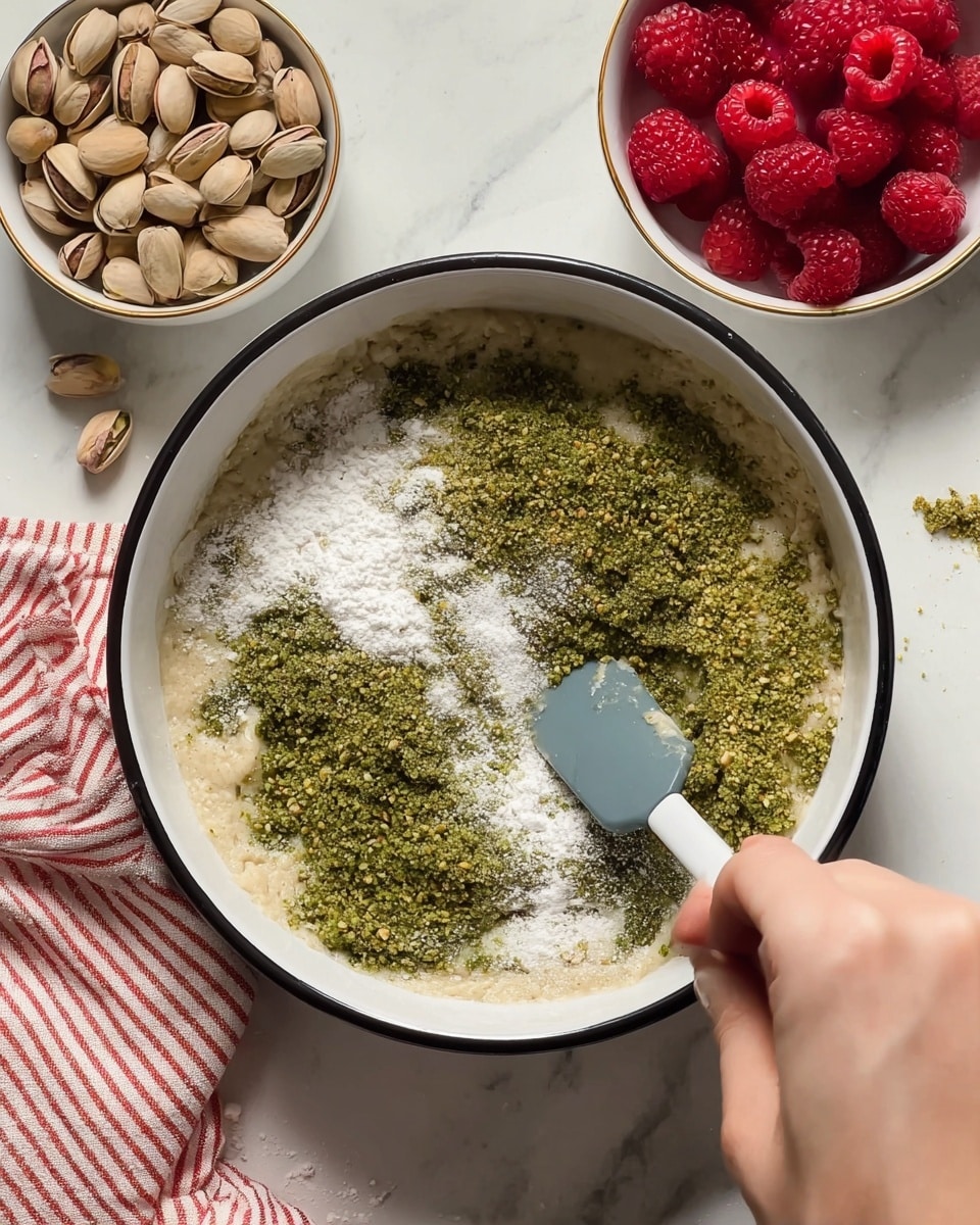 A white bowl with a black rim holds a mix of ingredients being stirred. The mixture has three visible layers: a base of light beige dough, a thick layer of green ground pistachios spread unevenly on top, and white powder sprinkled around the edges and middle. A woman's hand holds a blue and gray spatula stirring the ingredients together. Above the bowl are two white bowls with gold rims, one filled with bright red raspberries and the other with whole pistachios, placed on a white marbled surface with a red and white striped cloth nearby. Photo taken with an iphone --ar 4:5 --v 7