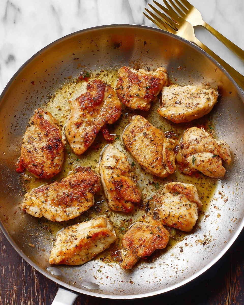 A silver pan holds eleven pieces of cooked chicken with a golden-brown color and a slightly crispy texture, scattered evenly across the pan’s surface. The chicken pieces vary in size and shape, some more rounded while others are elongated, all showing a light coating of oil and herbs that glisten under the light. The pan itself shows some browned spots and oil residue from cooking, giving a warm, rustic look. The background is a white marbled texture with two gold forks placed above the pan. Photo taken with an iphone --ar 4:5 --v 7