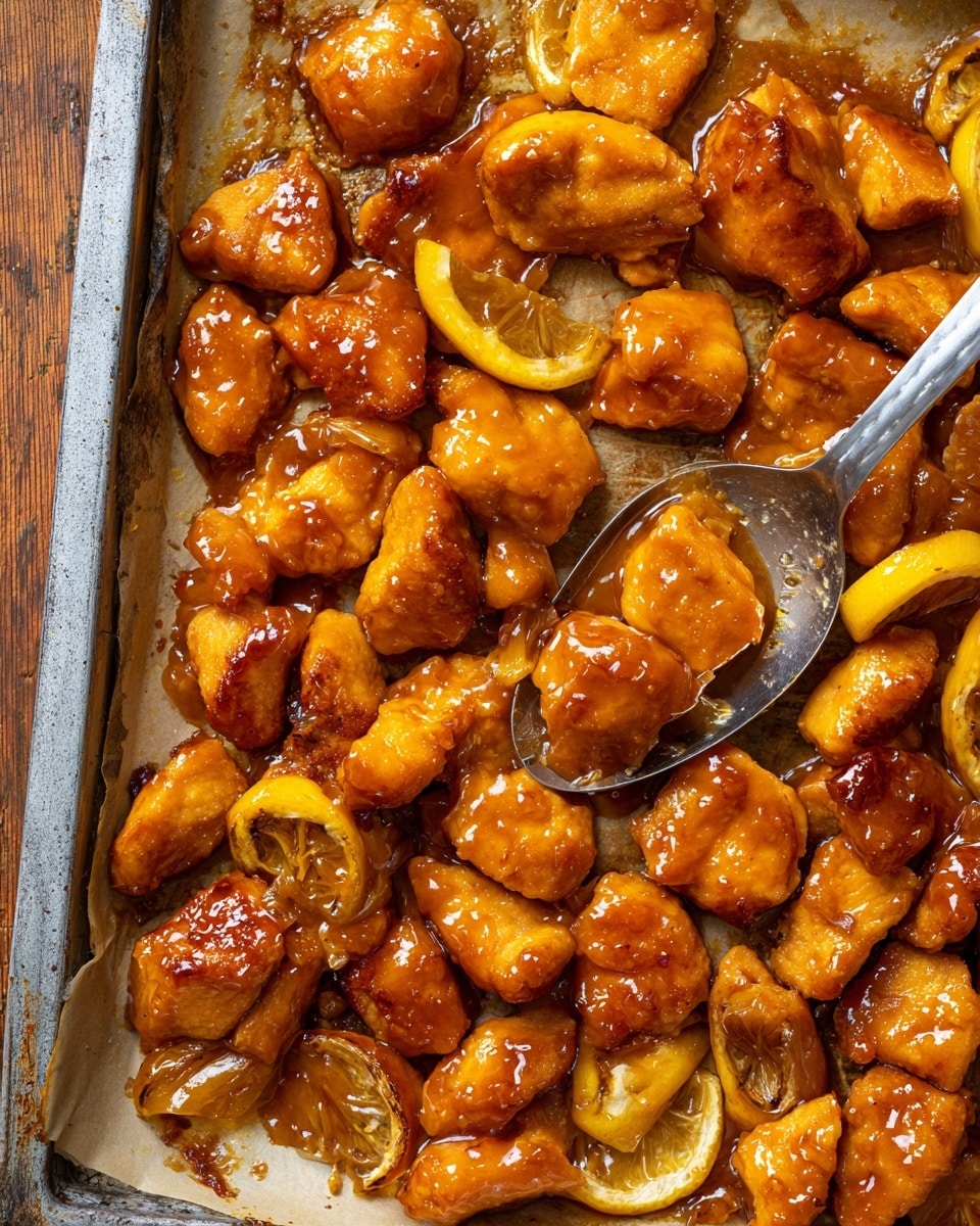 The image shows a close-up of many small golden-brown pieces of chicken on a silver baking tray lined with parchment paper. The chicken pieces are coated with a shiny, sticky orange-brown sauce and are mixed with slices of cooked lemon, adding bright yellow color. A metal spoon is scooping up some pieces from the upper right corner. The texture of the chicken looks tender and glazed, with a warm and rich color mix, all placed on a wooden surface. Photo taken with an iphone --ar 4:5 --v 7