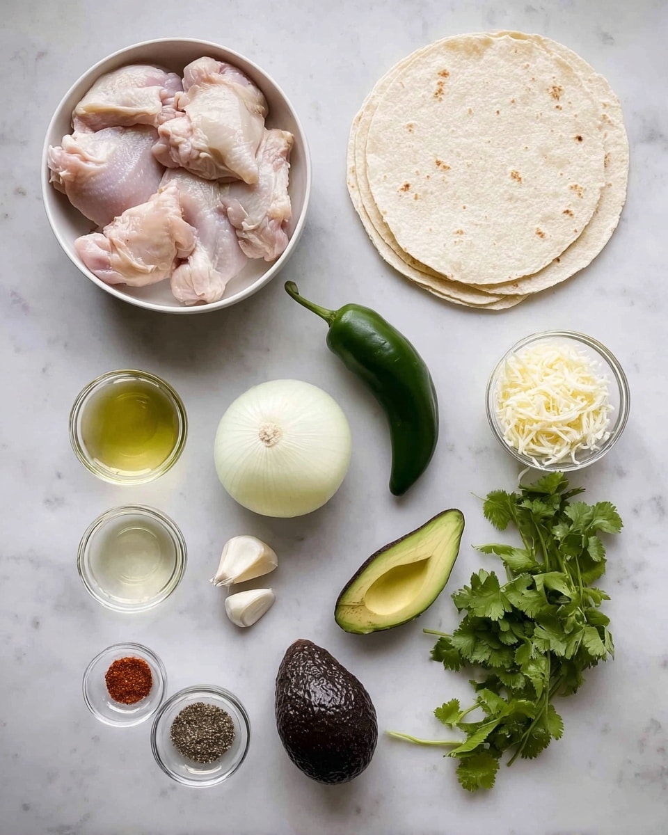 The image shows a top-down view of raw ingredients arranged neatly on a white marbled surface. At the top left, there is a white bowl filled with several pieces of raw smooth-textured chicken thighs in light pink and pale tones. To the right of the bowl, there are three light beige tortillas stacked slightly overlapping. Below the bowl of chicken, there's a dark green poblano pepper placed diagonally, and to its right, a round white onion cut in half sits with its smooth textured layers exposed. A small pile of two white garlic cloves is near the onion. Below these, clear small bowls contain pale yellow cooking oil, white shredded cheese, and two empty clear bowls. Fresh, deep green cilantro leaves with stems are laid out toward the right side. Near the bottom corner, there's one dark purplish-black avocado and one small bright green jalapeño pepper side by side. Scattered toward the bottom left are small piles of salt, black pepper, red chili powder, and brownish spice powder. The whole scene is clean and light with natural daylight. photo taken with an iphone --ar 4:5 --v 7