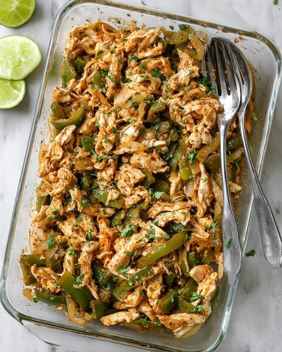 The image shows a clear rectangular glass baking dish filled with shredded cooked chicken mixed with sautéed green peppers and onions. The chicken pieces are light tan with a slight orange tint from seasoning, layered evenly throughout the dish. The green peppers are cut into medium chunks with a rich dark green color, while the onions are sliced into medium strips with a soft translucent yellowish color. Finely chopped fresh green herbs are sprinkled on top, adding a fresh touch. There are two metal forks placed inside the dish on the right side. The dish is set on a white marbled surface with some lime wedges in the top left corner. photo taken with an iphone --ar 4:5 --v 7