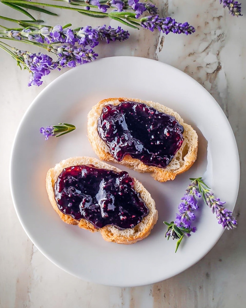 A white plate has two halves of bread placed near the center, each topped with a thick layer of dark purple jam with a shiny, slightly chunky texture. Around the bread halves, there are several small sprigs of lavender with green stems and delicate purple flowers, arranged artistically. The plate sits on a white marbled surface that adds a subtle texture to the background. photo taken with an iphone --ar 4:5 --v 7