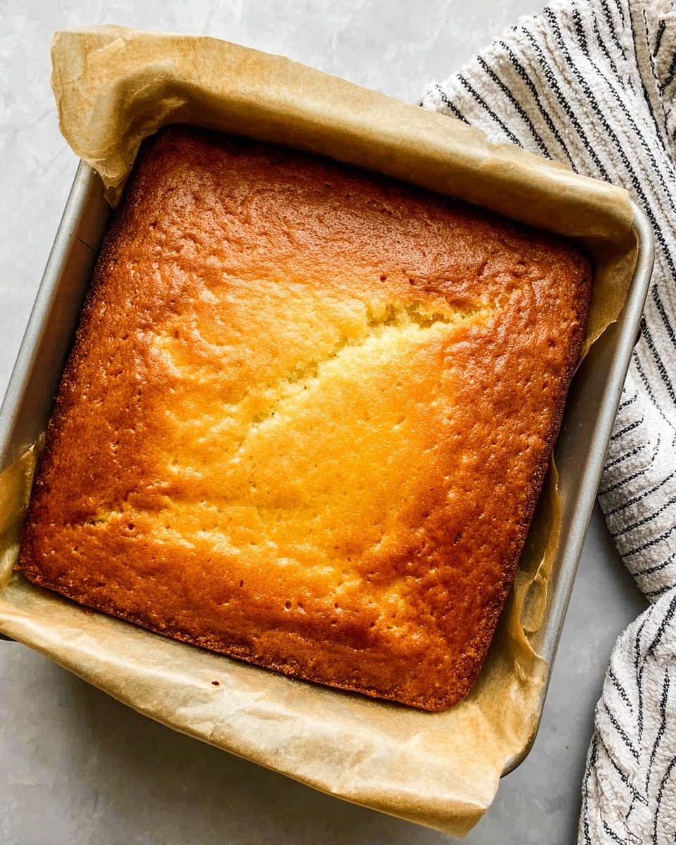 A golden brown baked cake with a slightly cracked surface, showing a smooth and shiny top layer with a darker golden crust around the edges. The cake is square and still in a metal baking pan lined with parchment paper that folds up on all four sides. The background has a white marbled texture with a folded striped white and black cloth partially visible in the upper right corner. Photo taken with an iphone --ar 4:5 --v 7