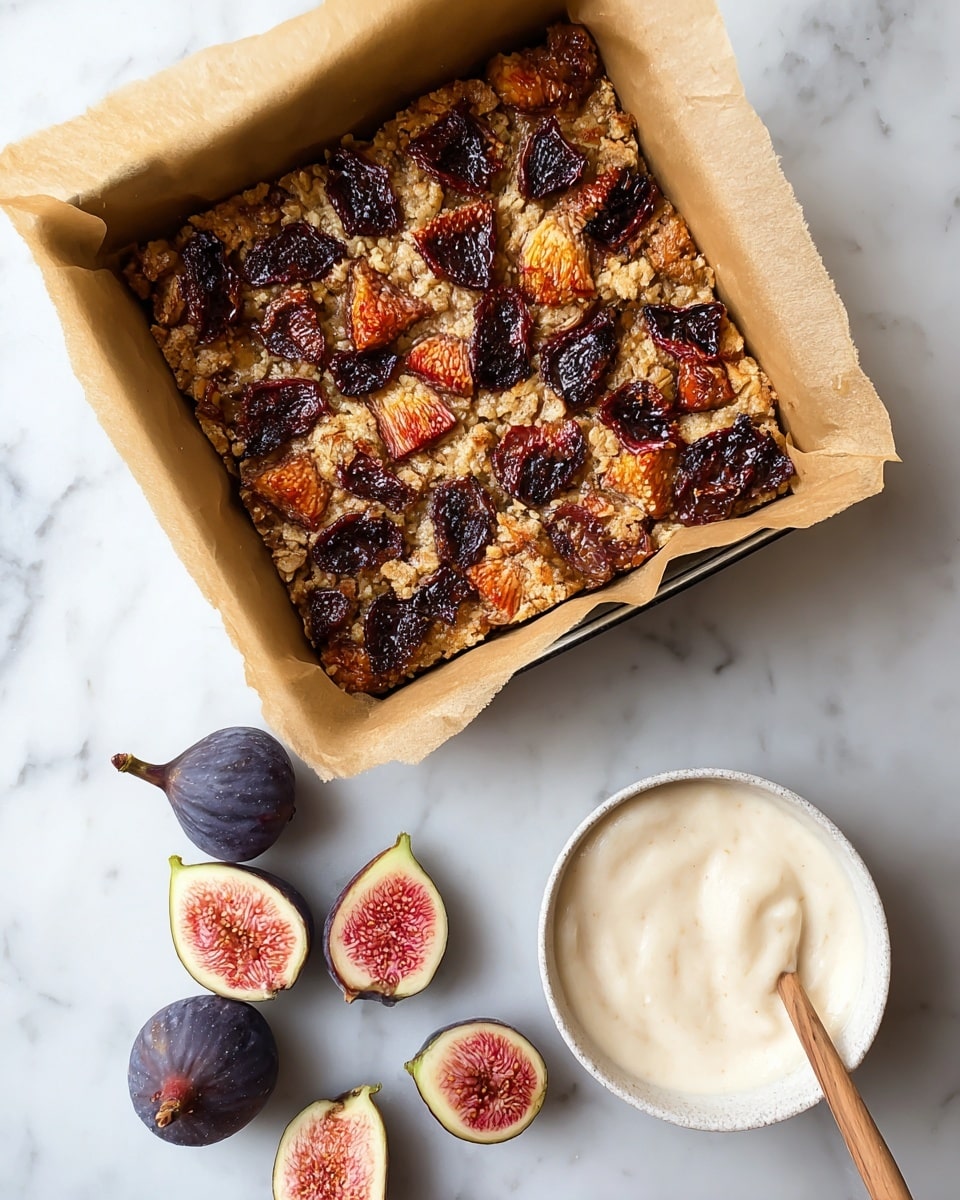 The image shows a square baking tray lined with brown parchment paper, holding a baked bar with two main layers: the bottom layer looks crumbly and light beige, while the top layer consists of roasted, dark purple and orange-brown fig pieces with a glossy texture, spread evenly across the surface. Around the tray on the white marbled surface are several fresh figs sliced in half, revealing their pinkish-red, seed-filled centers. In the lower right corner, there is a white bowl filled with a smooth, creamy off-white mixture. photo taken with an iphone --ar 4:5 --v 7