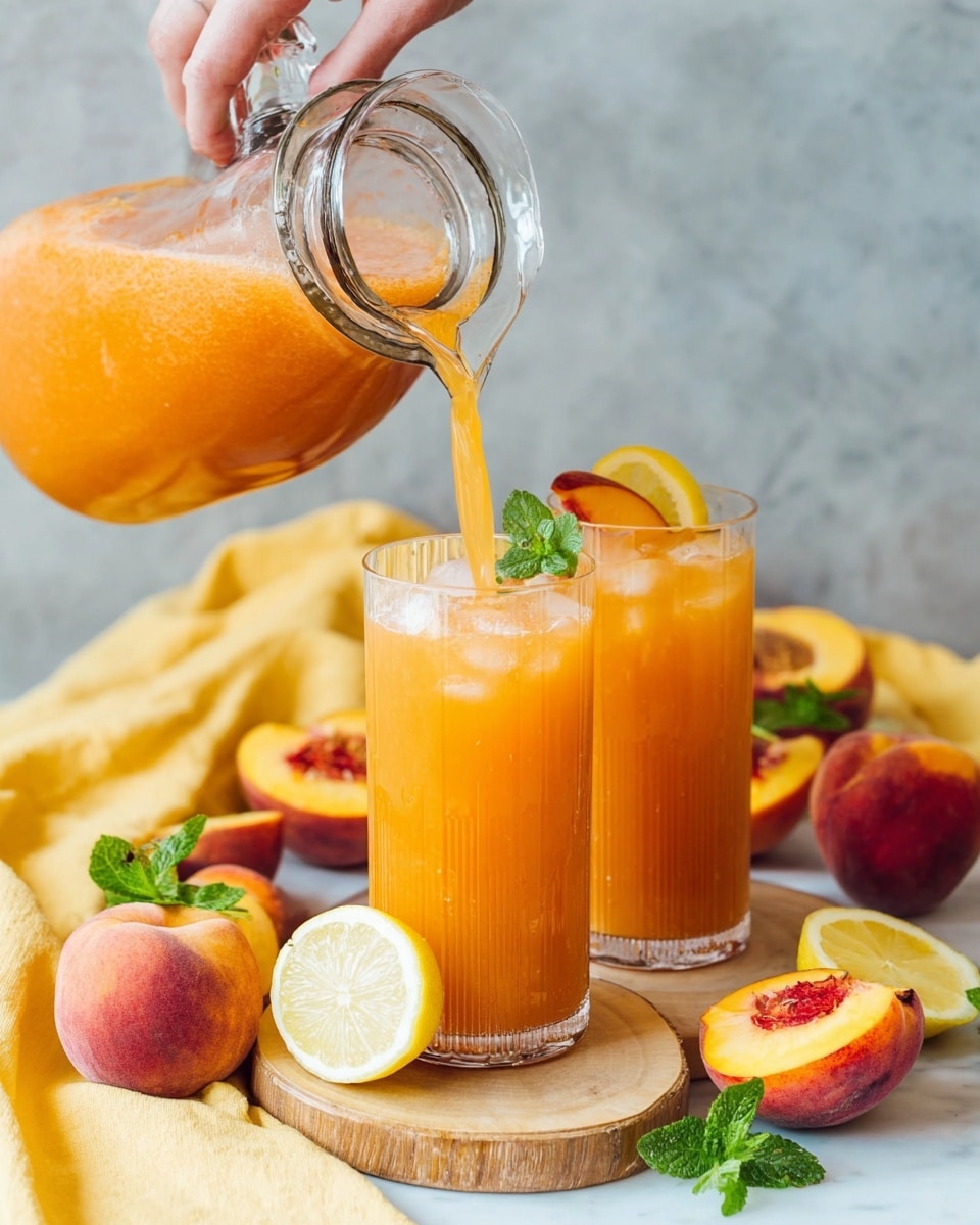 A clear glass container with a silver spout is filled with thick, orange peach juice, sitting on a round wooden stand. In front, two tall clear glasses hold the same orange juice; one glass is being filled by a woman's hand turning the spout, while the other is garnished with a peach slice, a lemon wheel, and a small green mint sprig on the rim. Around the glasses, there are halved and sliced fresh peaches showing yellow and red colors, bright yellow lemon halves, and scattered green mint leaves, all placed on a white marbled surface with a soft yellow cloth nearby. photo taken with an iphone --ar 4:5 --v 7