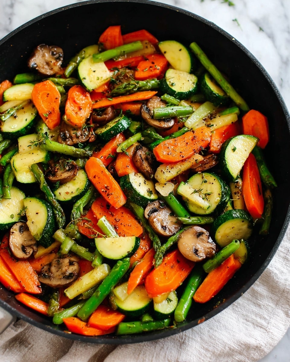 A close-up image of a black pan filled with a colorful mix of cooked vegetables. The vegetables are cut into bite-sized pieces, showing three main layers of color and texture: bright orange sliced carrots, green asparagus stalks cut into short pieces, and light green zucchini slices with dark green skins, along with small brown mushroom slices scattered throughout. The vegetables have a slightly shiny texture from cooking and are sprinkled with black pepper and herbs. The pan is placed on a white marbled surface with a light cloth partially visible under it. Photo taken with an iphone --ar 4:5 --v 7