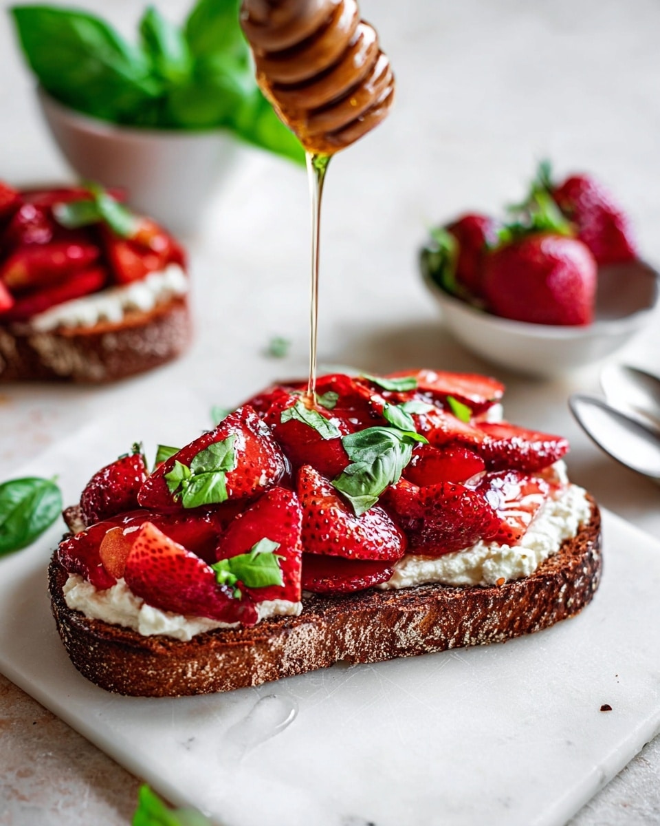 A slice of dark brown bread on a white marbled surface is topped with a thick layer of creamy white cheese, followed by a generous pile of bright red, halved strawberries. Fresh green basil leaves are scattered over the strawberries, adding a pop of color. A stream of golden honey is being poured from a wooden honey dipper onto the berries. In the background, a white bowl filled with fresh green basil leaves and another white bowl containing extra strawberries and a spoon are slightly out of focus. The scene is bright and natural, with an inviting fresh look. photo taken with an iphone --ar 4:5 --v 7