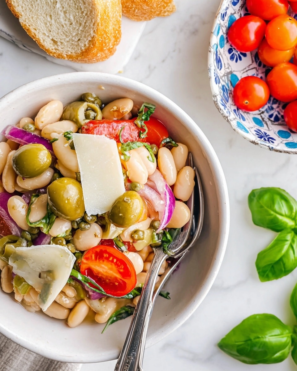 A white bowl filled with a layered bean salad. The bottom layer has large white beans with a smooth texture. Mixed in are cut green olives, sliced red cherry tomatoes, and pieces of purple-red onion scattered evenly on top. Small green herbs and capers add fresh specks throughout. Thin white slices of cheese are spread over the salad. A fork rests inside the bowl with the handle angled to the right. The bowl sits on a white marbled surface with a piece of bread above it and a bowl of bright red cherry tomatoes with blue and white designs on the right edge. Fresh green basil leaves lie near the bottom right corner. Photo taken with an iphone --ar 4:5 --v 7