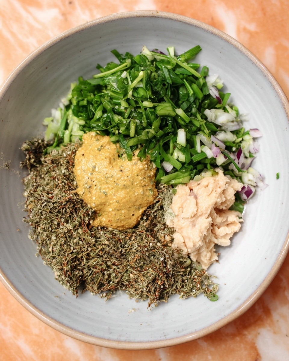 Inside a large white bowl, there are five layers of ingredients arranged separately. At the bottom is a base layer of dried herbs with brown and green tones, rough in texture. On top to the left sits a pile of bright green chopped scallions with some white and purple bits mixed in, with a fresh and leafy look. Next to it on the right is a light beige creamy paste with a smooth texture. Below these are two dollops: the left one is a grainy yellow mustard sauce with visible seeds, and the right one is a pale, finely mashed substance that looks soft and slightly wet. The bowl sits on a white marbled surface. Photo taken with an iphone --ar 4:5 --v 7