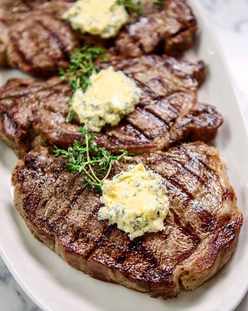 Two grilled steaks with grill marks lie flat on a white plate placed on a white marbled surface. Each steak is topped with a dollop of light yellow creamy herb butter and garnished with a small sprig of fresh green thyme. The steaks have a shiny, slightly oily texture with a mix of brown and pinkish tones, showing some fat along the edges. Photo taken with an iphone --ar 4:5 --v 7
