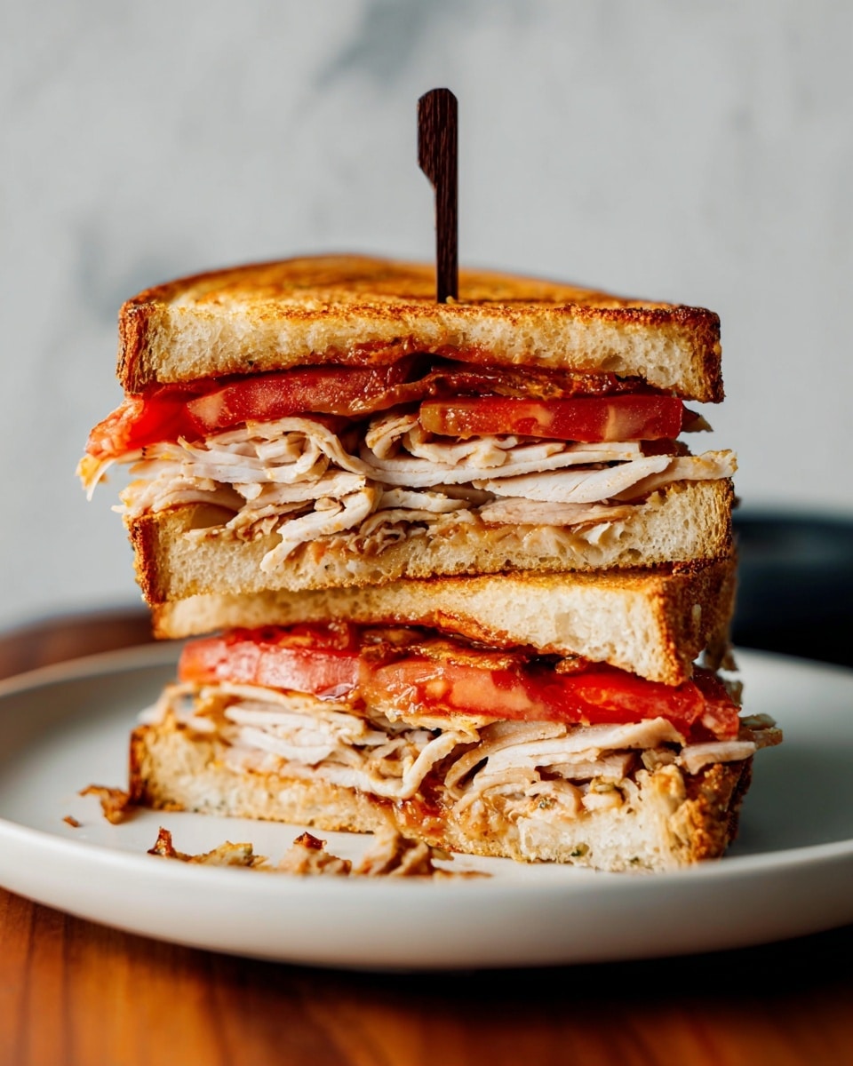 The image shows a sandwich cut in half and stacked on a white plate, placed on a wooden surface with a white marbled background. The sandwich has three visible layers: the top layer is light golden toasted bread with a crispy texture, the middle layer consists of thin slices of cooked white meat layered over bright red tomato slices, and the bottom layer is another slice of toasted bread with a golden crust. A dark wooden skewer holds the sandwich halves together, piercing through the center. There are small crumbs and bits of the filling scattered slightly on the plate near the sandwich. Photo taken with an iphone --ar 4:5 --v 7