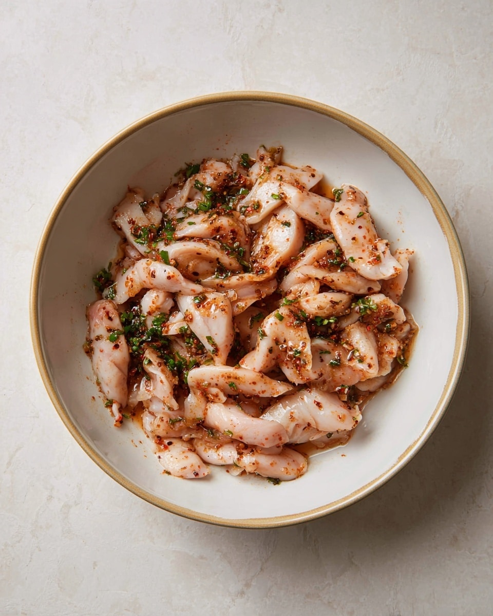 A round white bowl with a beige rim holds a single layer of marinated raw chicken strips. The chicken pieces are pale pink with some white fat visible, covered evenly in small black, red, and green spices and herbs. The chicken looks moist and slightly shiny from the marinade, and the bowl sits on a white marbled surface. photo taken with an iphone --ar 4:5 --v 7
