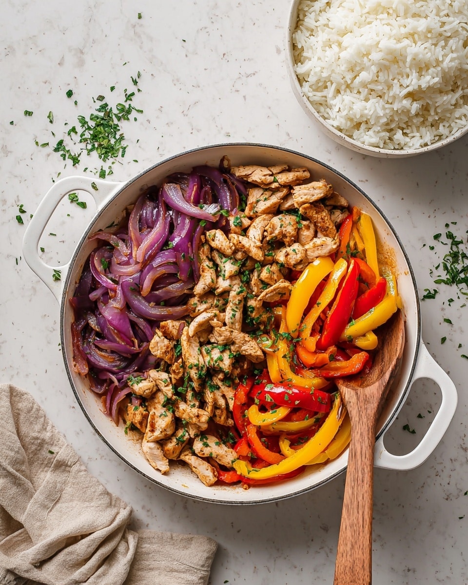 A white pan with two handles holds three main layers of food neatly placed side by side: the left layer shows cooked purple onion pieces with a soft, slightly shiny texture; the middle layer has light brown cooked chicken strips sprinkled with chopped green herbs; the right layer contains bright red and yellow sliced bell peppers with a glossy look, also sprinkled with green herbs. A wooden spoon rests on the right side of the pan, partly under the onions. The pan is placed on a white marbled surface with some green herb bits scattered around. To the top right, there is a white bowl filled with plain cooked white rice and a beige cloth napkin next to it. Photo taken with an iphone --ar 4:5 --v 7