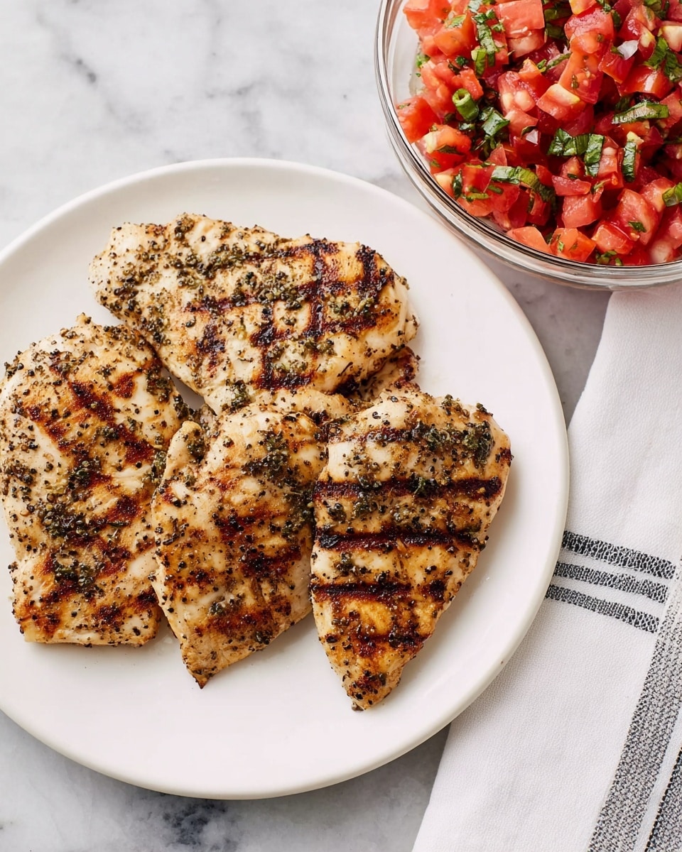 A white plate holds three grilled chicken pieces with distinct dark brown grill marks and speckled with black pepper and herbs, arranged close together covering most of the plate. Nearby, a clear glass bowl shows a bright red diced tomato salad mixed with green chopped herbs. The scene is set on a white marbled surface with a white cloth featuring thin black stripes partially visible on the right side. photo taken with an iphone --ar 4:5 --v 7