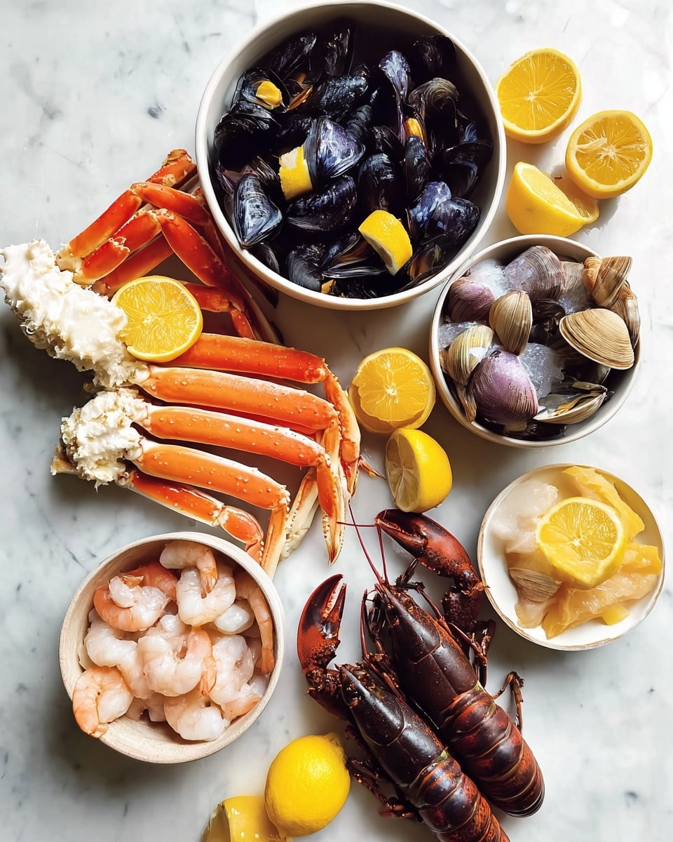 A white marbled surface holds a variety of seafood arranged with bright colors and natural textures. On the left, a white bowl filled with dark blue and orange mussels sits below bright orange crab legs with white crab bodies topped with lemon slices. Towards the top right, a white bowl holds light brown and purple clams. Two dark brown lobster tails lay on the surface near the crab. At the bottom left, a white bowl is full of pale pink shrimp with some light shells. Fresh yellow lemons and thin lemon slices are scattered among the seafood, adding a vibrant yellow contrast. photo taken with an iphone --ar 4:5 --v 7