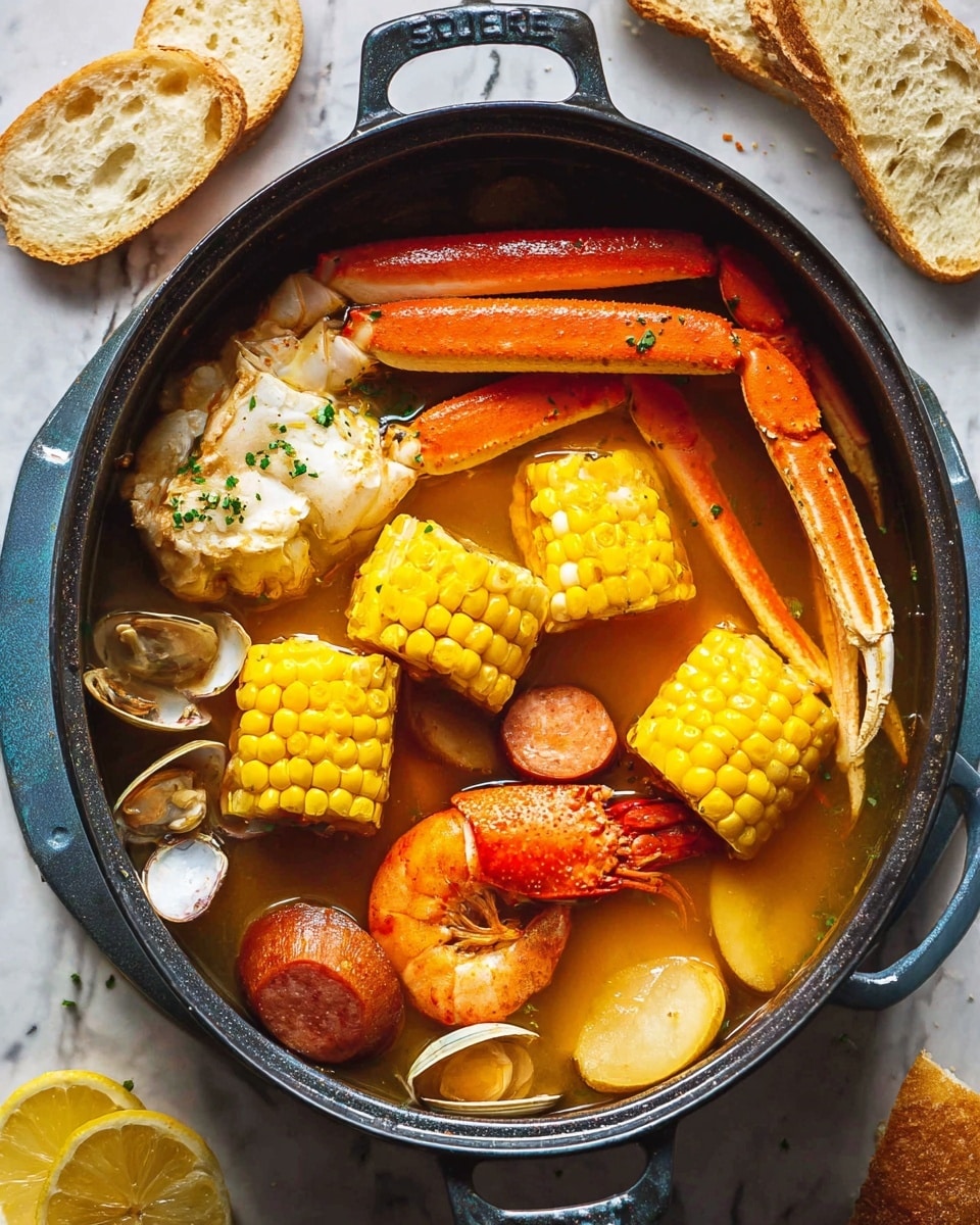 A large black pot filled with a clear orange broth holds several food layers: bright orange crab legs on the left side, pale yellow crab claw near the top, two chunks of yellow corn on the cob arranged vertically, a curled orange shrimp and one red lobster tail near the bottom center. There are also opened clams with light shells near the bottom left, slices of potato and a piece of smoked sausage reddish-brown floating on the right side. The pot sits on a white marbled surface with scattered bread slices around it and part of a lemon wedge visible at the bottom left corner. photo taken with an iphone --ar 4:5 --v 7
