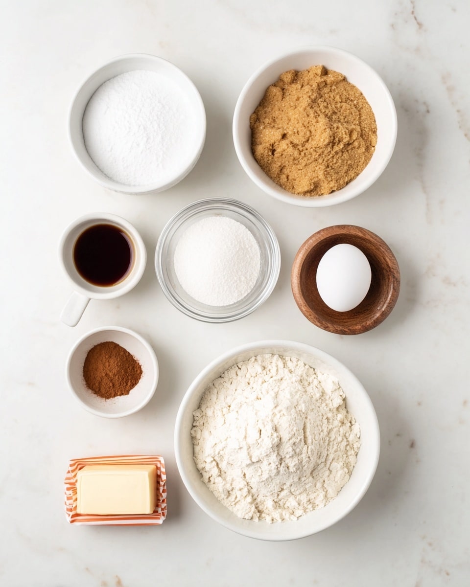 The image shows eight small containers with baking ingredients arranged neatly on a white marbled surface. The largest white bowl at the bottom right holds a heap of white flour with a soft texture. Above it, a white bowl filled with light brown sugar has a crumbly texture. To the left of the sugar, a white bowl contains fine, bright white powdered sugar. Below that, a clear glass bowl with fine white granulated sugar shows a smooth surface. To the top left, a small white cup contains dark brown vanilla extract with a shiny surface. Next to it, a small white bowl holds medium brown cinnamon powder with a soft powdery look. Below the cinnamon, a rectangular stick of butter wrapped in white and orange paper sits flat. On the far right, a white egg is placed in a small round wooden bowl, and just above it, another small wooden bowl contains white baking powder or soda. All items are spaced evenly, creating a clean, organized layout. photo taken with an iphone --ar 4:5 --v 7