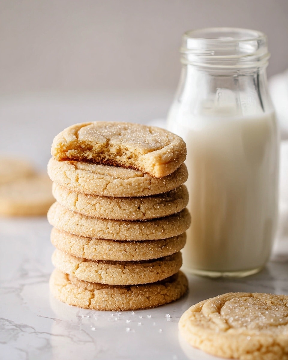A stack of seven light golden brown sugar cookies is placed on a white marbled surface, with the top cookie showing a bite taken out of it, revealing a soft inside texture. Next to the cookies is a clear glass milk bottle filled halfway with white milk. The cookie stack is slightly uneven, with visible sugar grains on the top cookie. The background is softly blurred, keeping focus on the cookies and milk bottle. photo taken with an iphone --ar 4:5 --v 7