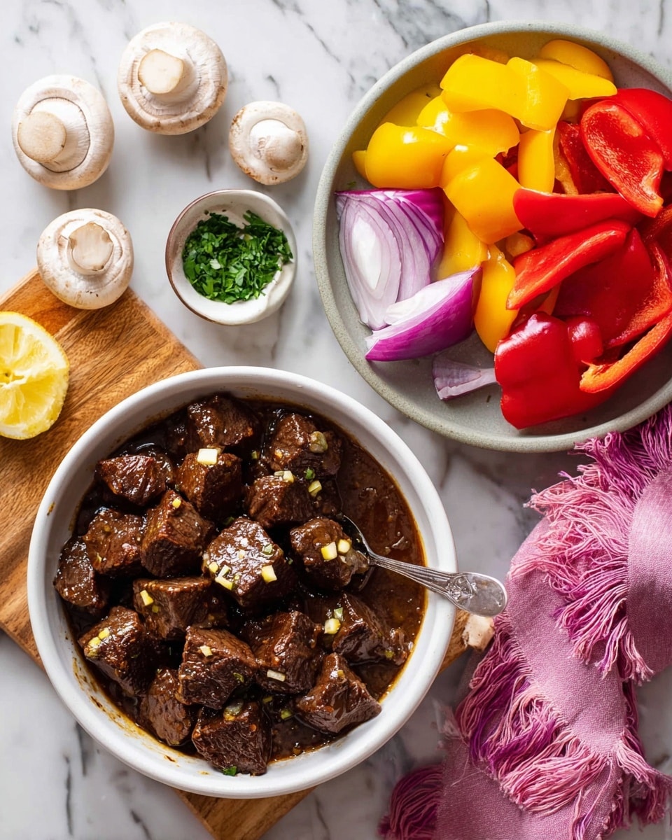 A white bowl filled with dark brown marinated meat cubes covered in a shiny sauce with small pieces of garlic visible, placed on a wooden board over a white marbled surface. Next to it is a grey bowl containing large pieces of colorful vegetables: bright red bell peppers, yellow bell peppers, and red onion segments with a smooth texture. Small white mushrooms are scattered above on the white marbled surface along with a half lemon cut side up, and a tiny bowl filled with chopped green herbs sits below the meat bowl. A pink cloth with fringed edges lies to the right of the vegetable bowl. A silver spoon is inside the meat bowl, its handle sticking out. photo taken with an iphone --ar 4:5 --v 7