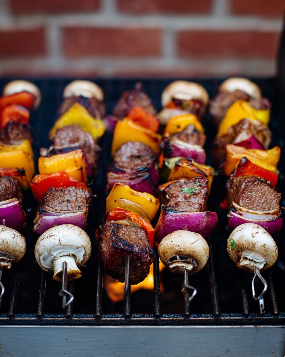 The image shows several skewers of grilled kebabs arranged in a row on a grill. Each skewer has four layers: a piece of browned meat with a rough texture, a slice of red onion with a glossy purple color, a segment of yellow bell pepper with a smooth surface, and a whole white mushroom with slight grill marks. The skewers are placed horizontally on black grill bars, with a blurred brick wall in the background, and the grill surface is metallic gray. photo taken with an iphone --ar 4:5 --v 7