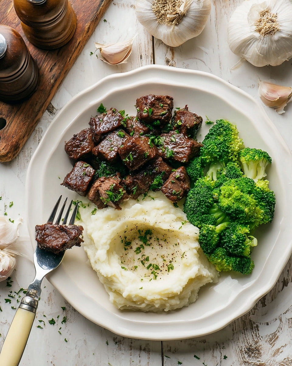 A white plate with three parts of food: at the top left, small dark brown grilled meat cubes sprinkled with chopped green herbs; at the bottom center, a smooth white mound of mashed potatoes with a small bowl-like indentation filled with pepper and sprinkled with herbs; at the right, bright green broccoli florets with light green stalks. A fork with a cream-colored handle holds one piece of meat resting on the left edge of the plate, placed on a white marbled surface with garlic bulbs and a pepper grinder close by. Photo taken with an iphone --ar 4:5 --v 7
