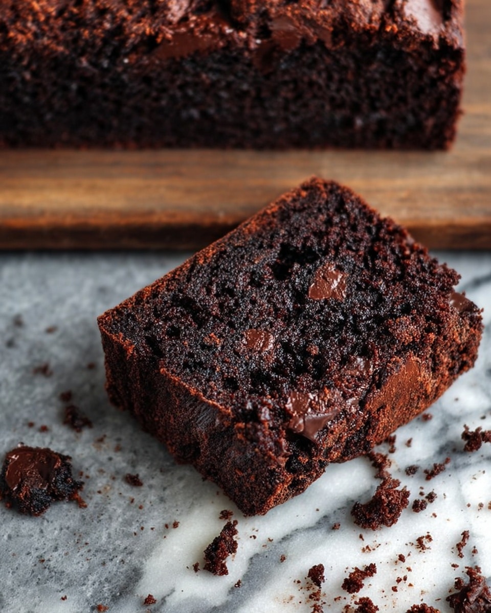 A close-up view of a single square piece of rich, dark chocolate cake with a crumbly texture, showing multiple layers of moist, dense chocolate mixed with melted chocolate chunks. The cake piece rests on a white marbled surface with chocolate crumbs scattered around it, and a larger piece of the same cake sits partly visible on a wooden board in the background. Photo taken with an iphone --ar 4:5 --v 7