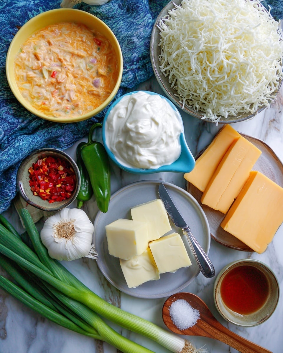 The image shows a collection of fresh ingredients arranged on a blue cloth over a white marbled surface. On the left, there is a bowl filled with a creamy orange mixture with small colorful bits. Next to it is a yellow bowl with a mound of thick white cream. Nearby, a bowl full of white shredded strands fills most of the right side. Below these, a small blue pitcher contains a greenish liquid, and a light gray plate holds four blocks of pale yellow butter with a silver knife resting on it. Whole orange blocks of solid cheese sit on the bottom right. Between the bowls and plates are whole and sliced green peppers, a bulb of garlic, three long green onion stalks, a wooden spoon with white salt, and a small bowl with red chopped pieces in a liquid. The setting gives a fresh, homemade vibe. photo taken with an iphone --ar 4:5 --v 7