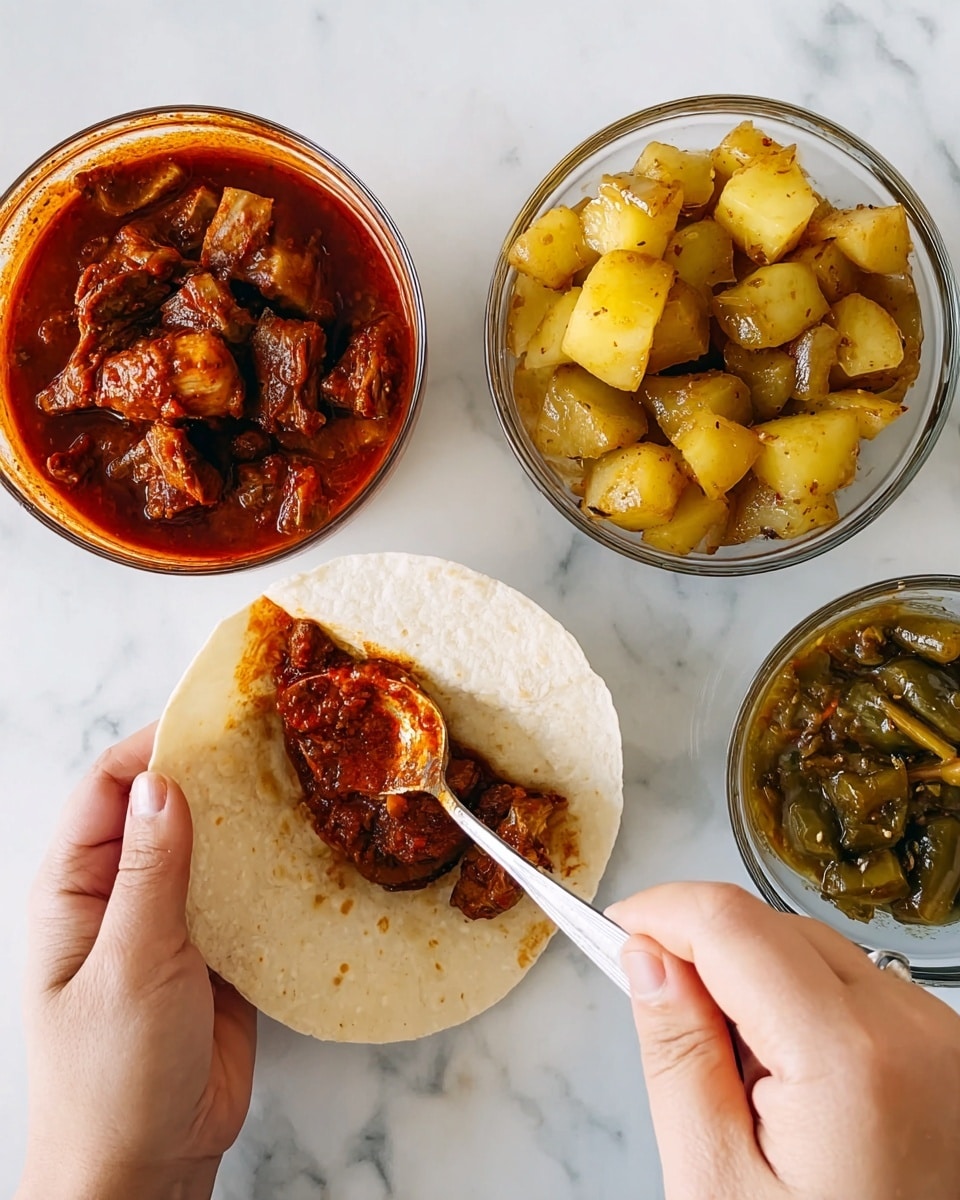 A woman's hand holds a white corn tortilla open like a small bowl, and a spoon with red meat stew is being placed into it by another woman's hand. Above this action are three bowls on a white marbled surface: the top left bowl contains red meat stew with pieces of meat and thick sauce, the top right bowl holds cooked yellowish diced potatoes with caramelized edges and green chili strips, and the bottom right bowl contains a greenish sauce or salsa with visible chunks and seeds. The bright colors and textures create a fresh, home-cooked meal photo taken with an iphone --ar 4:5 --v 7