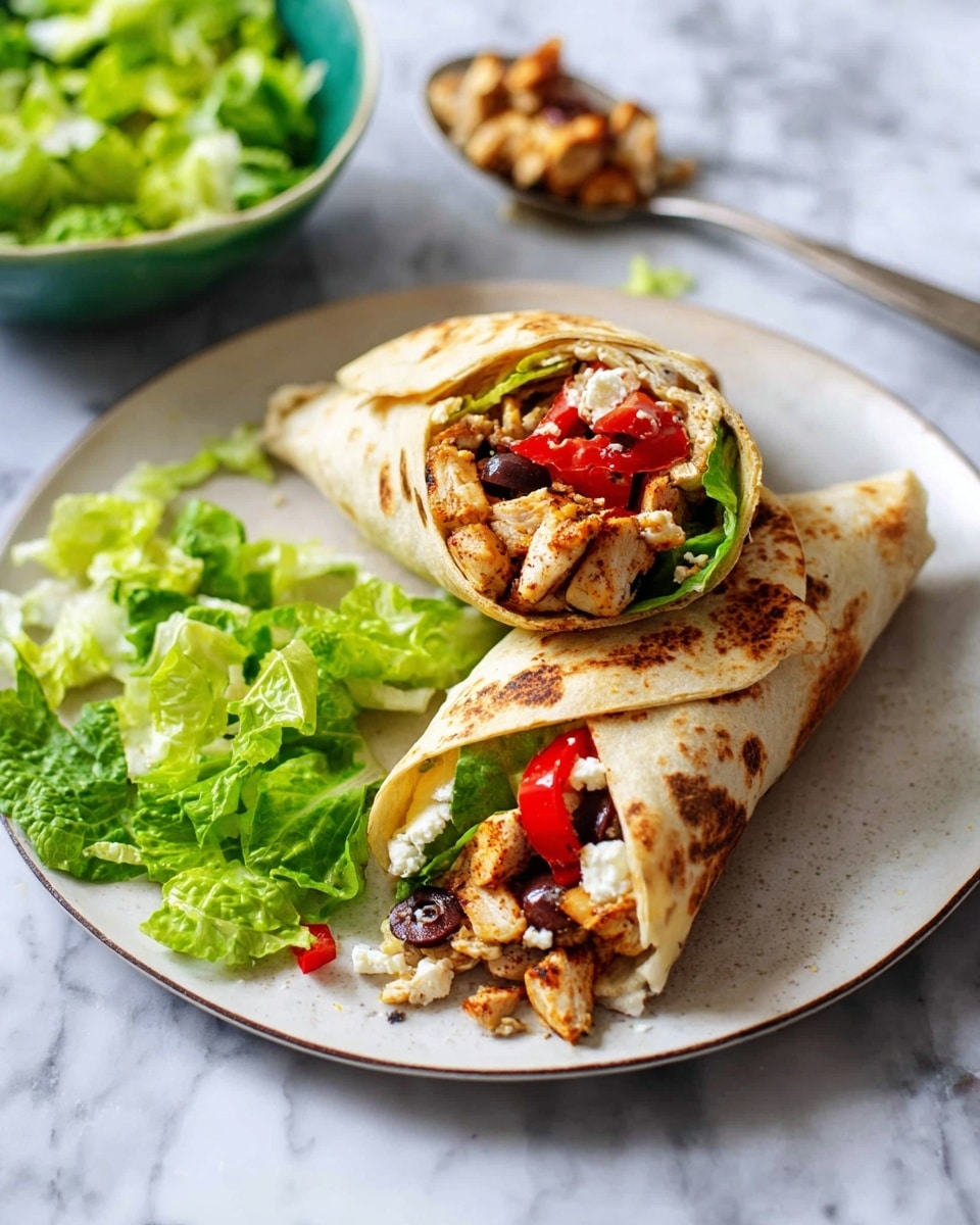 Two tortilla wraps are filled and folded on a white plate set on a white marbled surface. Each wrap shows three layers inside: a base of green lettuce leaves, a middle layer of grilled light brown chicken pieces mixed with red bell pepper strips, and a top layer of small bits of white cheese and sliced green and black olives scattered on top. The tortillas have a toasted, golden-brown patchy texture on the outside. Next to the wraps on the plate is a small pile of torn green lettuce. In the background on the marble surface are a spoon with small pieces of chicken and a green bowl filled with more chopped green lettuce. Photo taken with an iphone --ar 4:5 --v 7