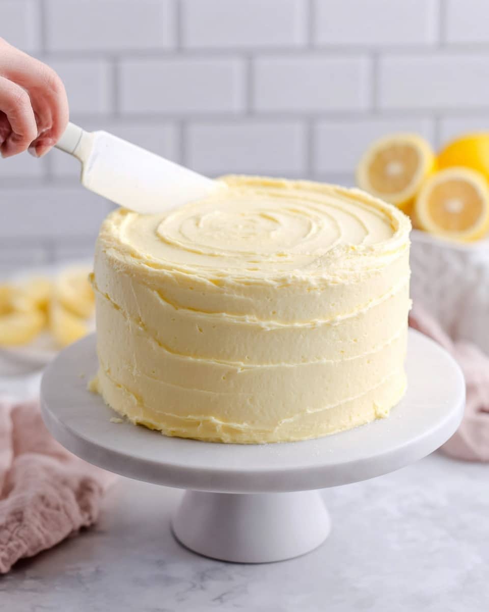 A round cake with two layers is fully covered in smooth pale yellow frosting that looks creamy and soft. The frosting is thick and spread evenly around the sides and the top, with gentle swirls and ridges visible on the upper surface, showing it was recently smoothed with a spatula. The cake sits on a white cake stand with a wide base. In the foreground, a woman's hand holds a white spatula applying the frosting on top. The background has a white marbled surface with a white tiled wall and two lemon halves blurred out, adding a fresh feel. photo taken with an iphone --ar 4:5 --v 7