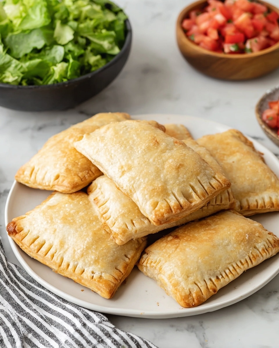 A white plate holds six rectangular pastries stacked in a loose pile. Each pastry has a light golden brown color with slightly uneven, textured crusts, and the edges are pressed with fork marks, giving a ridged pattern. The pastries appear soft and thick, with slight puffiness. In the background, there is a black bowl filled with fresh, leafy green lettuce and a smaller wooden bowl containing diced red tomatoes, all set on a white marbled surface. A striped cloth napkin is partially visible in the bottom left corner of the image. photo taken with an iphone --ar 4:5 --v 7