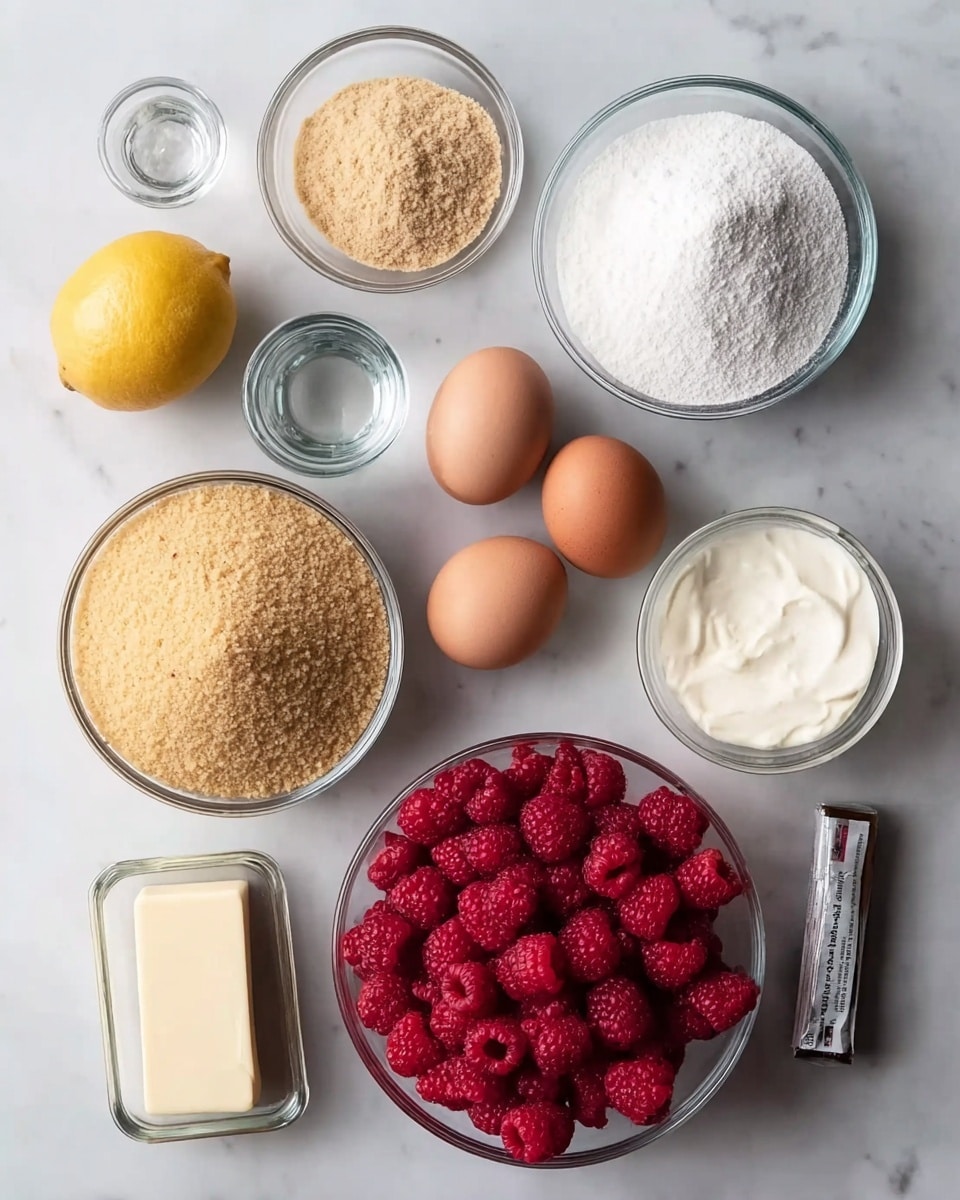 The image shows a flat lay of ingredients arranged in neat rows on a white marbled surface. In the center bottom, there is a pile of bright red raspberries in a clear glass bowl. Surrounding this bowl, from top left going clockwise, there is a small clear bowl with light brown powder, a large clear bowl filled with white granulated sugar, a large clear bowl of light golden graham cracker crumbs, a small glass container with clear liquid, a clear bowl filled with thick white cream, three brown eggs placed close together, a small dark brown bottle with a lid, a silver package, and a small stick of pale yellow butter. A yellow lemon is placed near the center left next to the butter. The photo taken with an iphone --ar 4:5 --v 7