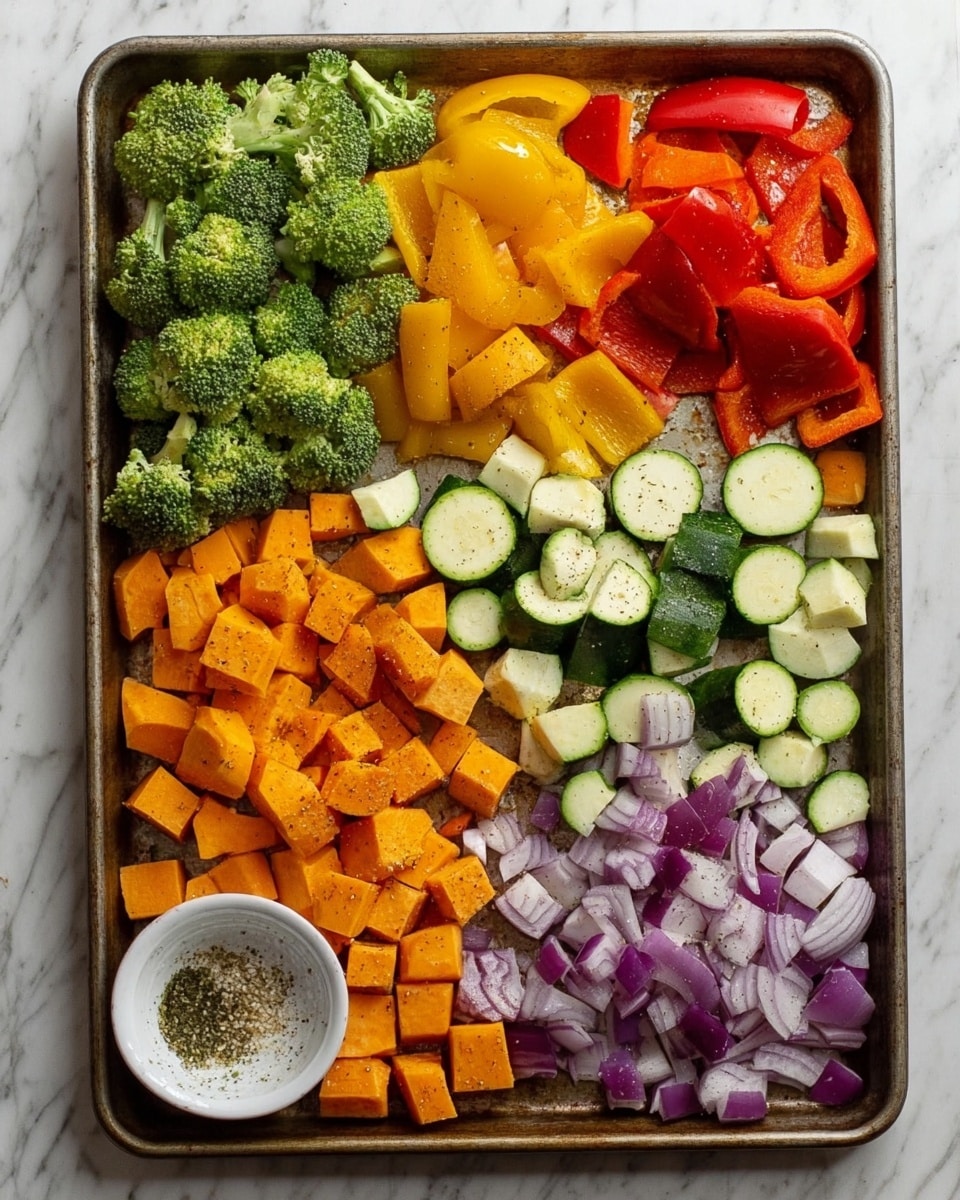 The image shows a large metal baking tray filled with neatly arranged chopped vegetables in separate sections. From the top left corner moving clockwise, there are bright green broccoli florets, orange carrot slices, yellow and red bell pepper pieces, and light green zucchini rounds. At the bottom left corner, there are orange sweet potato cubes. In the middle bottom section, there are chopped purple onions and a small white bowl with dry seasoning inside. The tray sits on a white marbled surface. Photo taken with an iphone --ar 4:5 --v 7
