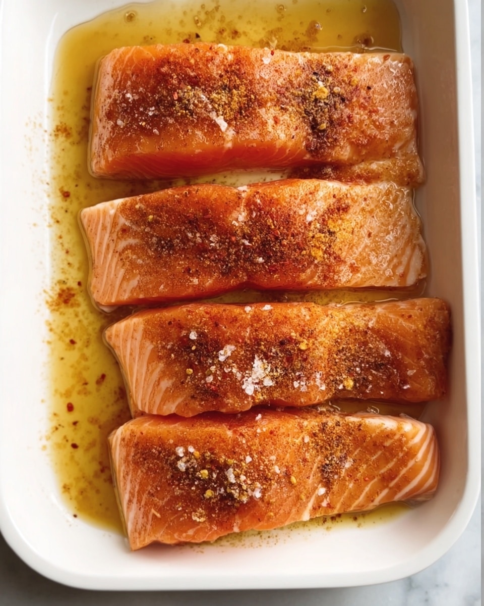 The image shows four raw salmon fillets laid side by side in a white rectangular dish placed on a white marbled surface. Each fillet has a rich orange color with visible light stripes of fat. The fish is seasoned with a mix of spices that include reddish paprika, white granules, and a darker spice, sprinkled unevenly over the top. A golden-colored liquid, likely oil, pools around the fillets, giving a glossy shine to the surface of the fish. The overall texture of the salmon looks fresh and moist. photo taken with an iphone --ar 4:5 --v 7