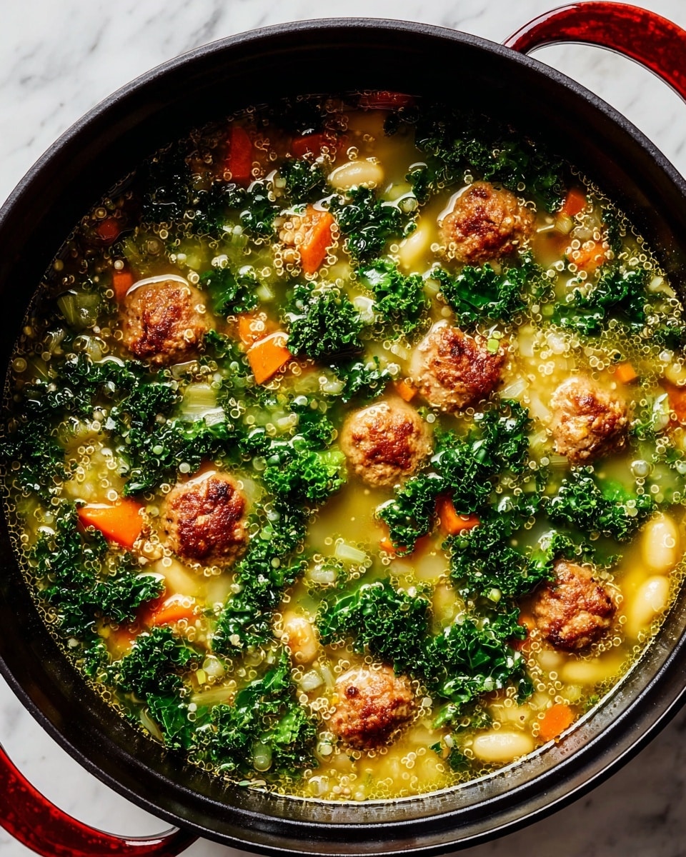 A black pot filled with a thick soup that has several layers: the base layer is a yellowish broth with small bubbles, mixed with white beans and tiny white quinoa grains; on top, there are bright green curly kale leaves spread evenly all over; scattered throughout are small, round, browned meatballs with a slightly crispy texture; also visible are chunks of orange carrot and soft-looking translucent onion pieces. The pot sits on a white marbled surface. Photo taken with an iphone --ar 4:5 --v 7