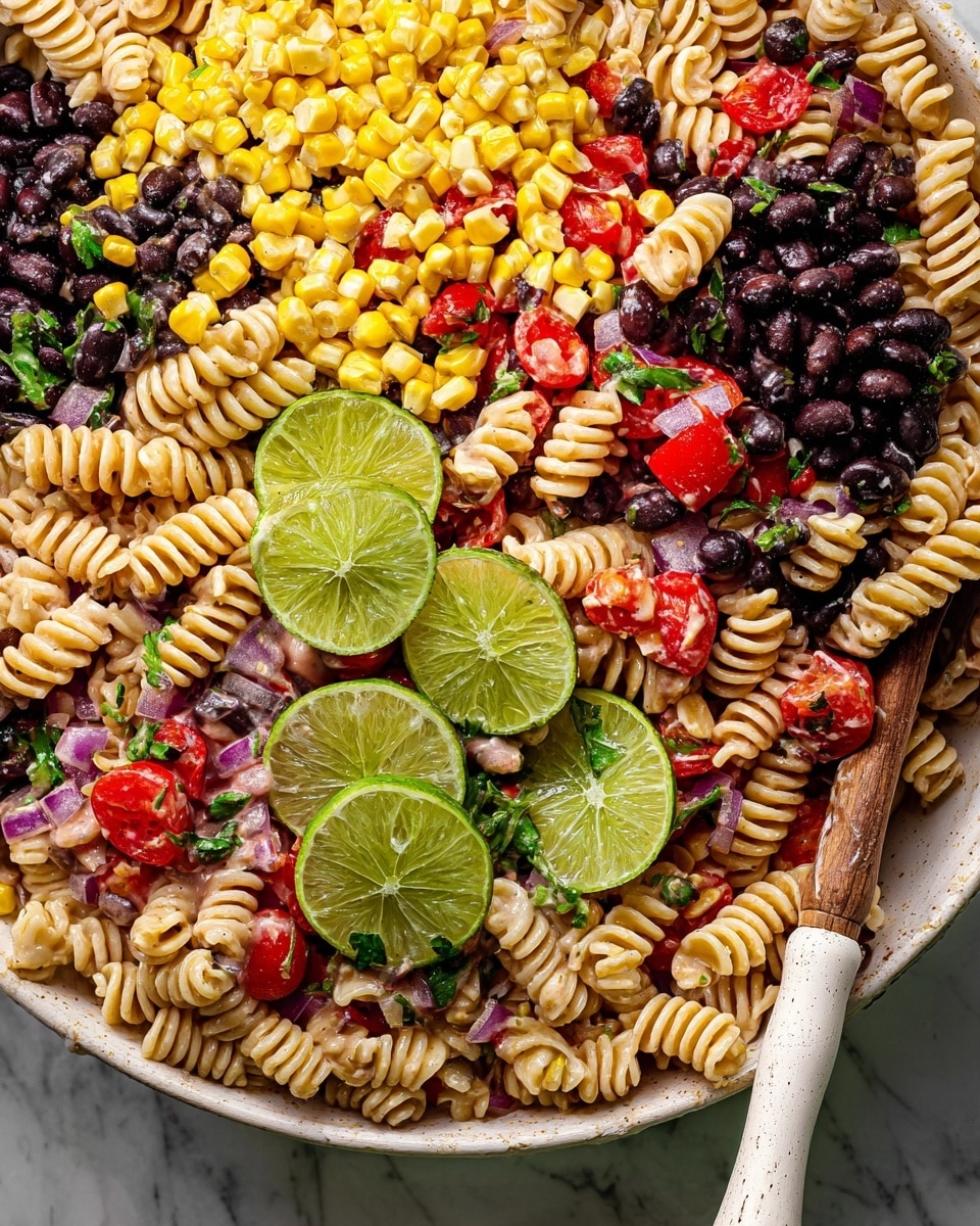 The image shows a colorful pasta salad with three clear layers of ingredients mixed together. The first layer contains yellow corn kernels scattered evenly throughout. The second layer is filled with black beans and black olive slices, adding dark spots all over the dish. The third layer is made up of creamy-colored spiral pasta mixed with diced red tomatoes, chopped red onions, green herbs, and red bell peppers. Slices of bright green lime wedges are placed on top for a fresh look, and a wooden spoon with a white handle rests on the bottom right side. The whole dish sits on a white marbled surface. Photo taken with an iphone --ar 4:5 --v 7