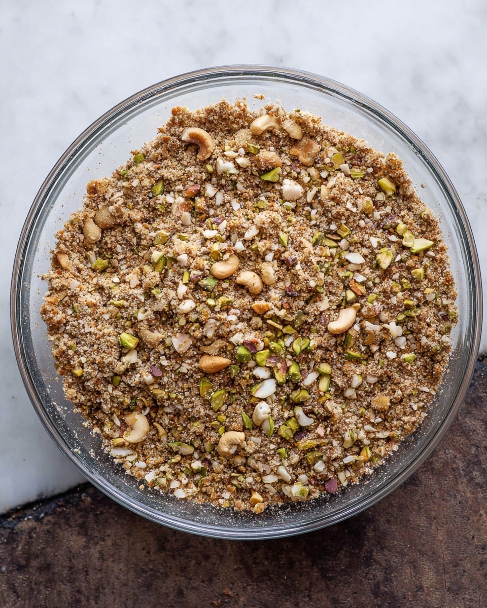 A clear glass bowl filled with a mix of crushed nuts and seeds, showing a variety of small to medium pieces including green pistachios, beige cashews, and brown crumbs. The mixture is spread evenly to cover the bowl’s base, giving a rough, grainy texture with scattered larger nut chunks throughout. The bowl is placed on a white marbled surface with a top-down view highlighting the crunchy, coarse texture of the nut mix, photo taken with an iphone --ar 4:5 --v 7