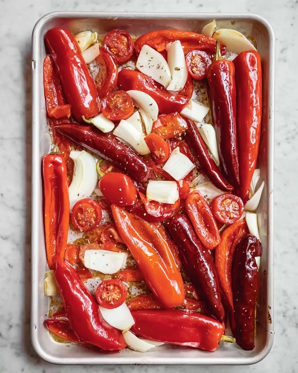 The image shows a white baking tray on a white marbled surface filled with large red and dark red chili peppers spread in one layer. Among the peppers, there are chunks of white onions and slices of red tomatoes scattered unevenly on top. The peppers have a shiny, slightly wet look with some black pepper sprinkled on them, and all the vegetables are raw and fresh. The whole scene looks ready for roasting. photo taken with an iphone --ar 4:5 --v 7