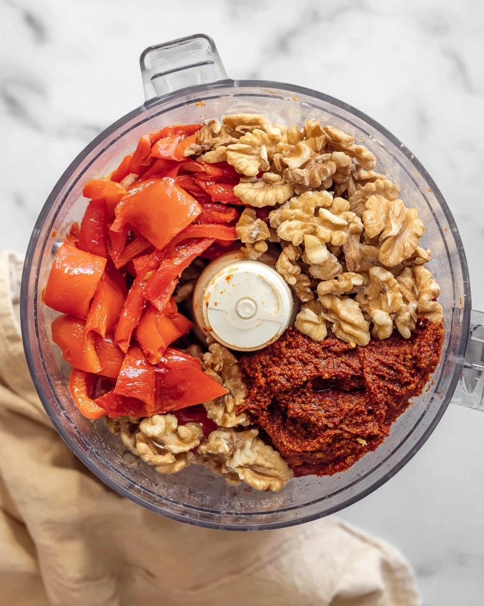 The image shows a clear food processor bowl filled with several layers of ingredients. At the bottom, there are chunks of roasted red peppers, their shiny red skin smooth and slightly wrinkled. On one side, there is a pile of walnut halves, light brown with a rough texture. Next to the walnuts, there is a dark reddish paste, thick and coarse in texture. The ingredients are arranged side by side in the bowl, with no blending yet. The bowl is set on a white marbled surface with a beige cloth partially visible on the left side. Photo taken with an iphone --ar 4:5 --v 7