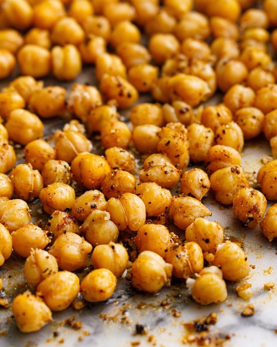 The image shows a close-up view of a single layer of cooked chickpeas spread out evenly on a baking sheet. The chickpeas have a light golden color with a slightly crispy texture, speckled with small black and brown seasoning bits. The baking sheet underneath has a slightly worn, metallic look, with some areas showing slight browning from cooking. The background is a white marbled texture. photo taken with an iphone --ar 4:5 --v 7