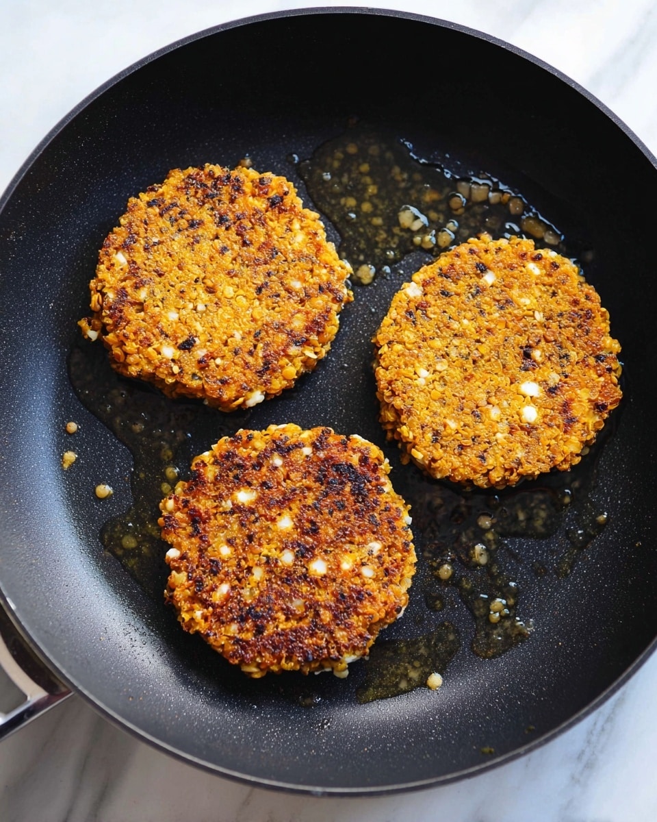 Three thick, round lentil patties with a golden-brown crispy crust and spots of white lentils are cooking in a large black frying pan. The patties have a rough texture with small lentils visible throughout. There are small drops of oil scattered around them in the pan. The pan sits on a white marbled surface. photo taken with an iphone --ar 4:5 --v 7