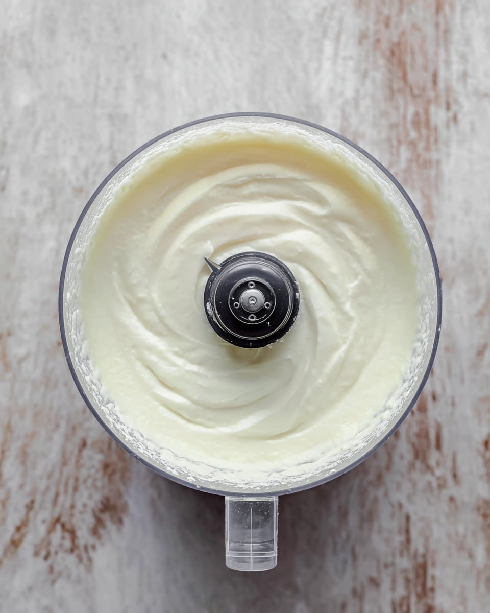 A top view of a food processor filled with a smooth white creamy mixture that swirls gently around the center blade in the middle, showing a soft, thick texture. The food processor container is clear, and the lid is closed with a slightly frosted look, set against a white marbled textured surface. Photo taken with an iphone --ar 4:5 --v 7