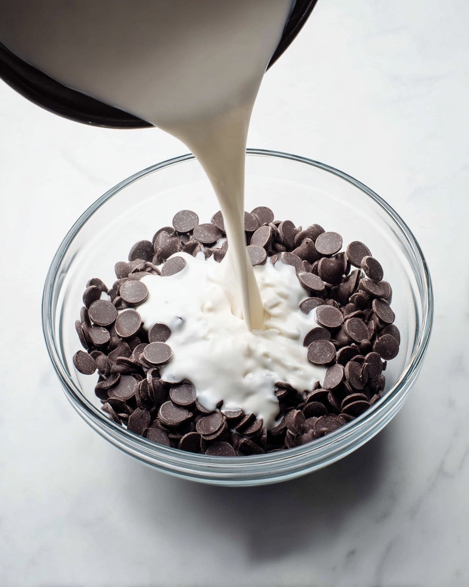 A clear glass bowl filled with a close layer of small, dark chocolate disks sits on a white marbled surface. Thick white cream is being poured in a smooth, thick stream from a dark pan above, flowing directly onto the center of the chocolate disk layer, with some cream spreading thinly over the disks near the middle. The overall scene is bright and clean, focusing on the contrast between the dark chocolate disks and the white cream. photo taken with an iphone --ar 4:5 --v 7