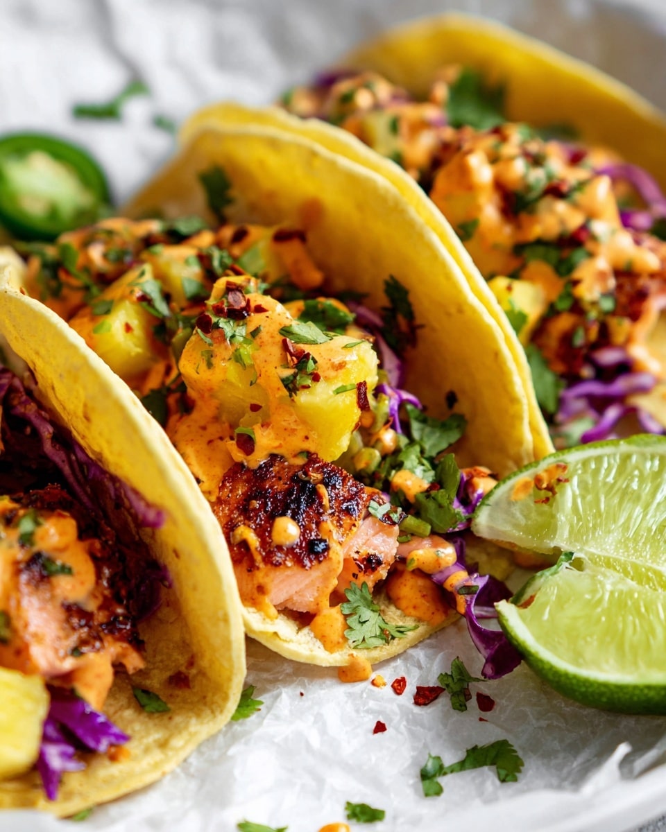 Three soft, light yellow corn tortillas are filled with layers of food. The bottom layer has small pieces of purple cabbage, topped with chunks of cooked salmon that are pink with dark char marks. On top of the salmon are bright yellow pineapple pieces and a drizzle of orange sauce. Small green cilantro leaves and red pepper flakes are sprinkled over the fillings. To the right, a wedge of lime and some sliced jalapeno add green color. The tacos sit on a white plate with a white marbled surface underneath, some small bits of herbs and spices are scattered around. Photo taken with an iphone --ar 4:5 --v 7