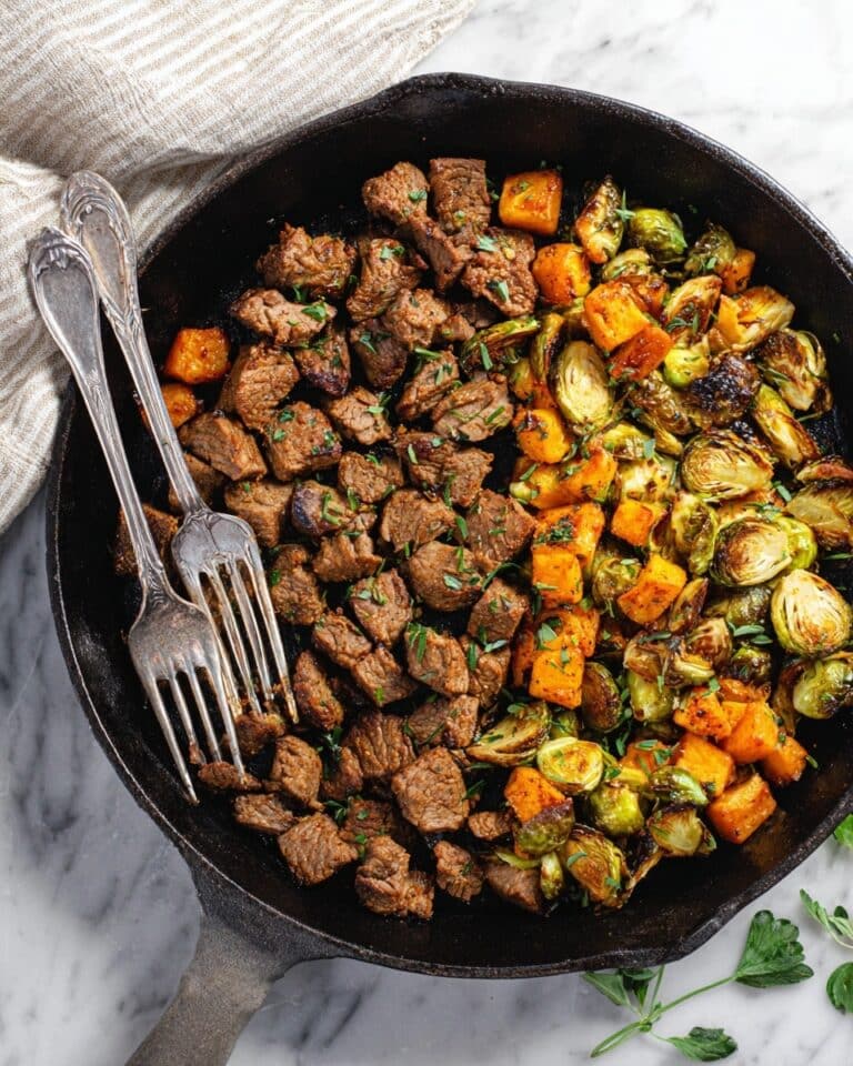 Keto Garlic Steak Bites with Brussels Sprouts and Squash Recipe